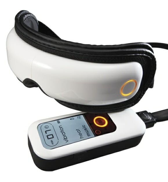 Massageador de olhos com speakers integrados para uma completa sessão de relaxamento.