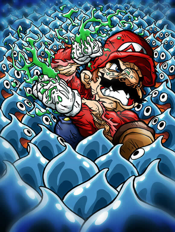 Ilustrações mostram Super Mario lutando contra todo mundo