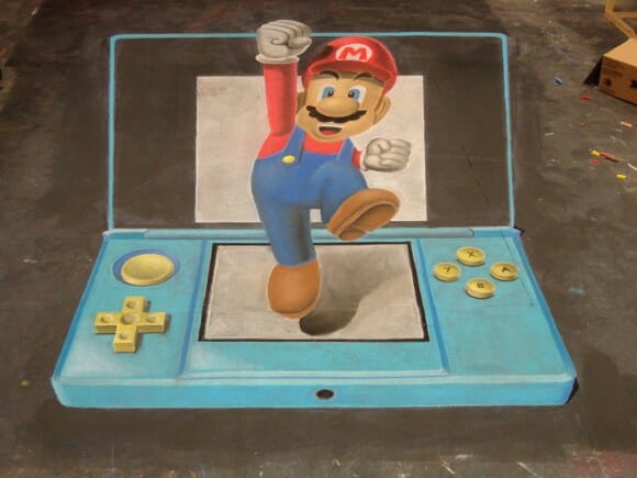 Pinturas incríveis do Super Mario feitas no chão com giz pastel