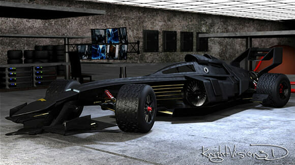 Batmóvel Tumbler transformado em carro de fórmula 1. Santa maravilha Batman!