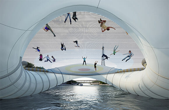 Uma ponte inflável gigante feita com pula-pulas. Quem vai primeiro? Eu! EU!