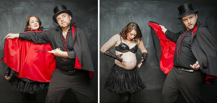 O Mágico e sua assistente: Fotos engraçadas de um casal grávido