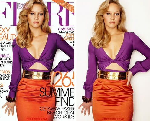 3 Gifs mostram as photoshopadas feitas na atriz Jennifer Lawrence para a capa da Flare Magazine