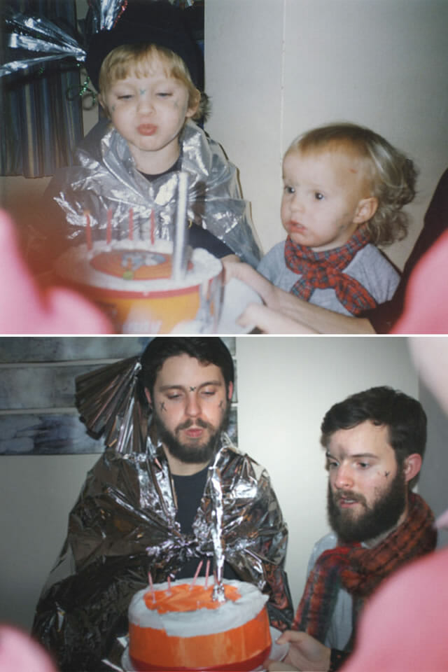 Série de fotos engraçada mostra dois irmãos adultos imitando suas fotos de infância