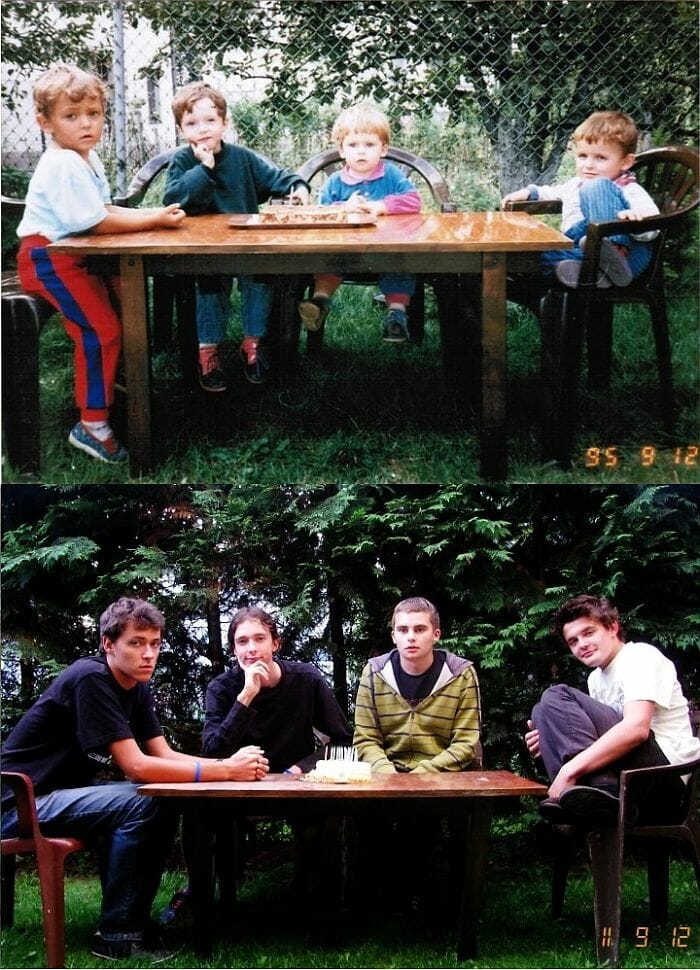 24 Fotos idênticas mostram o antes e depois de pessoas comuns quando crianças e adultos