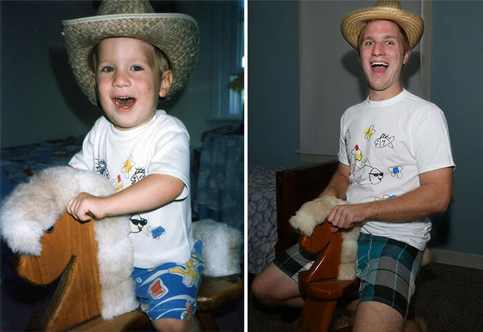 Antes e depois engraçado: Três irmãos recriam suas fotos de quando eram crianças