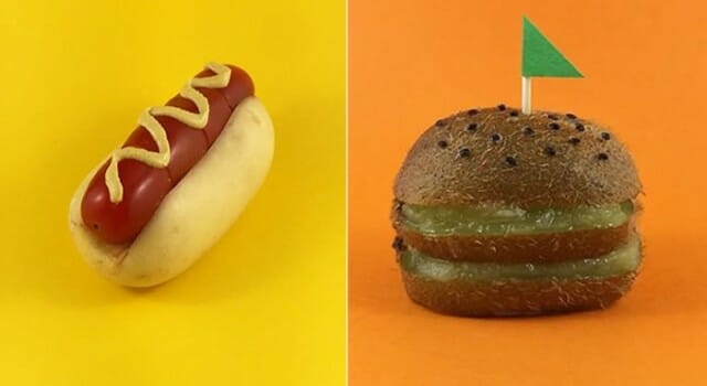 Artista transforma frutas e legumes em cachorros-quentes, hambúrgueres e etc