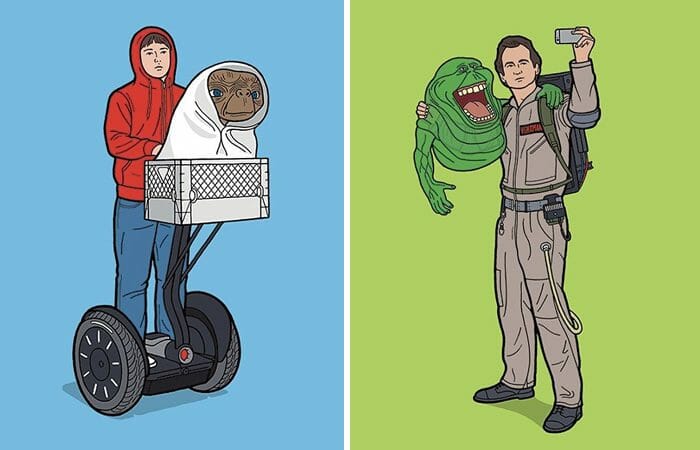 Ilustrações Criativas Colocam Personagens de Filmes dos Anos 80 em Situações Atuais