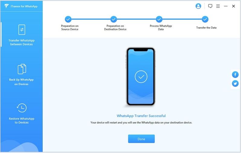 Tela iTransor com transferência de backup do WhatsApp bem sucedido