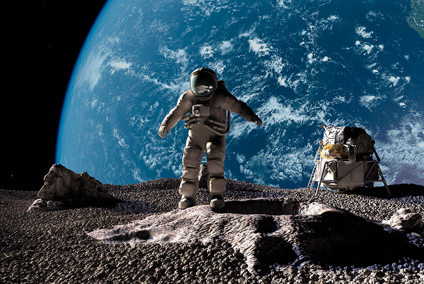 astronauta na lua com planeta Terra ao fundo