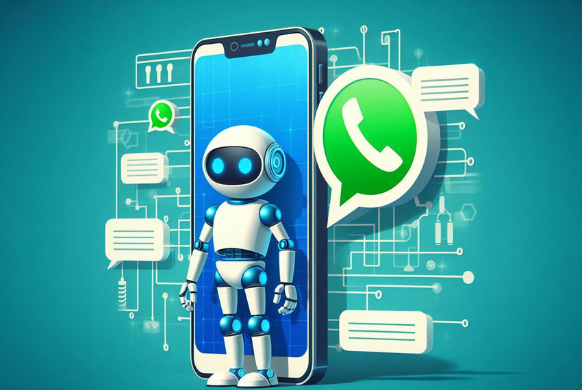 Robô no celular representando um Chatbot no WhatsApp