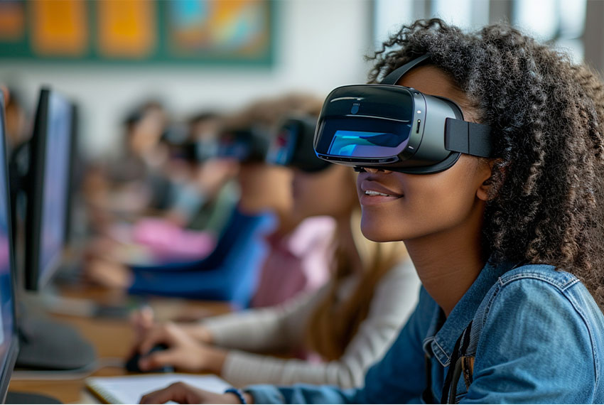 Garota usando óculos de Realidade virtual na escola